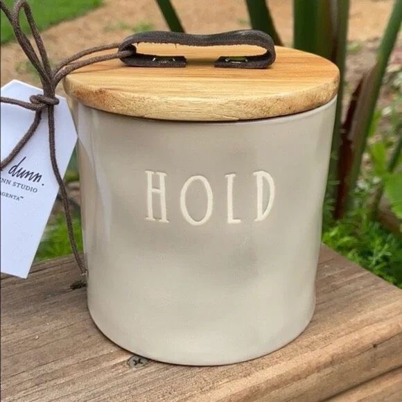 NWT Rae Dunn Beige “HOLD” Ceramic Canister Cellar with wood lid & leather handle - Picture 1 of 11